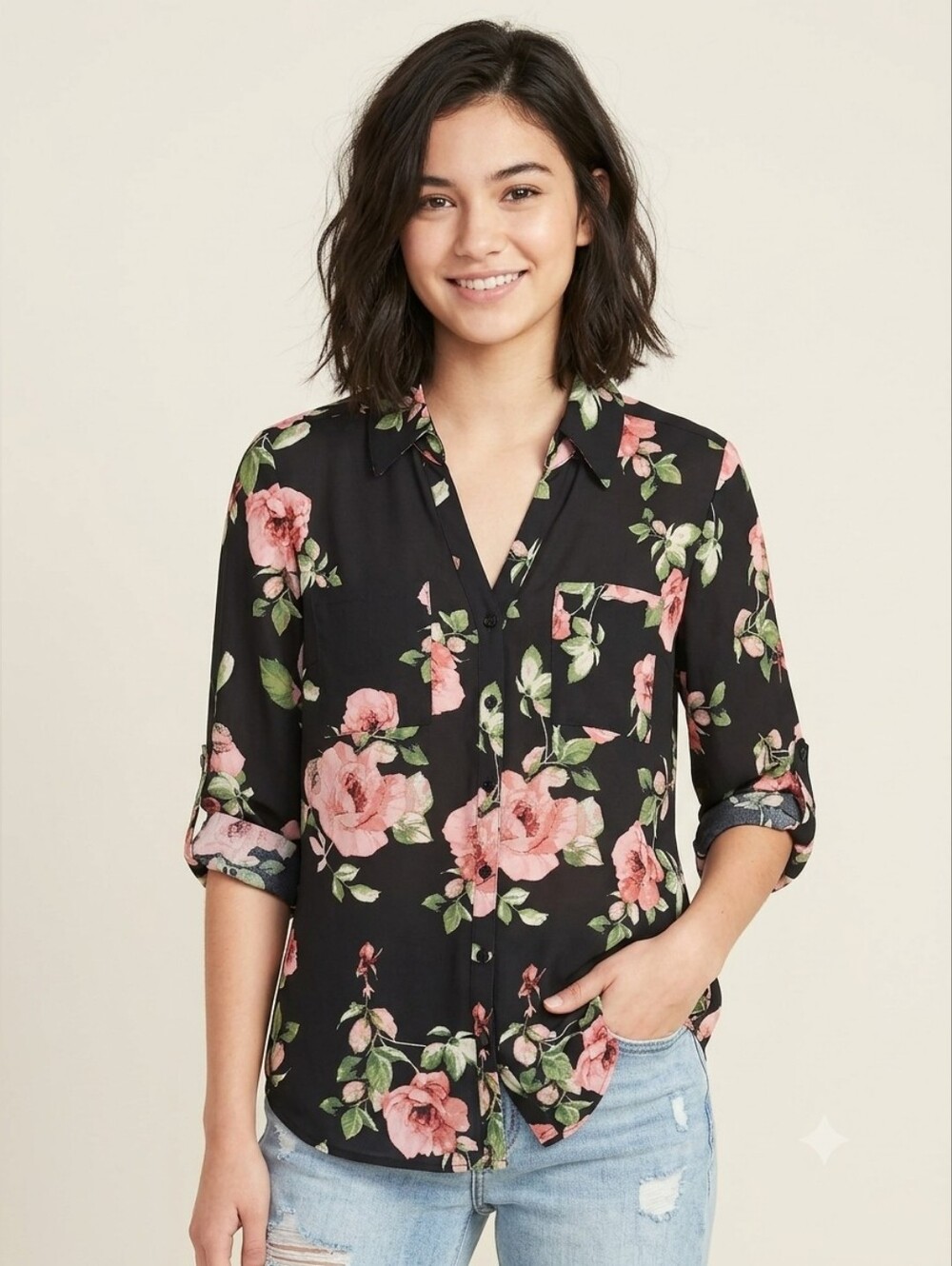 NWT IZ Byer Black Floral Roll-Tab Sleeve Button-Up Blouse - Size L